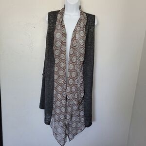 Moa Moa Sleeveless Cardigan Grey Knit Faux Draped Scarf Front XL Made in USA